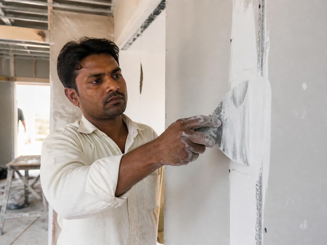 Worker finishing a gypsum drywall joint with a taping knife