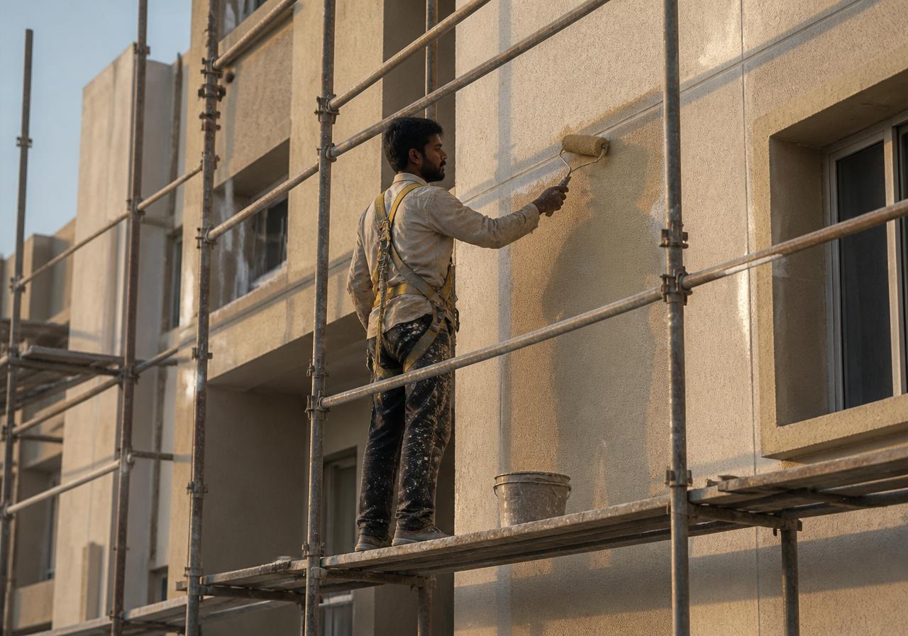 Exterior facade being coated from scaffolding on a mid-rise